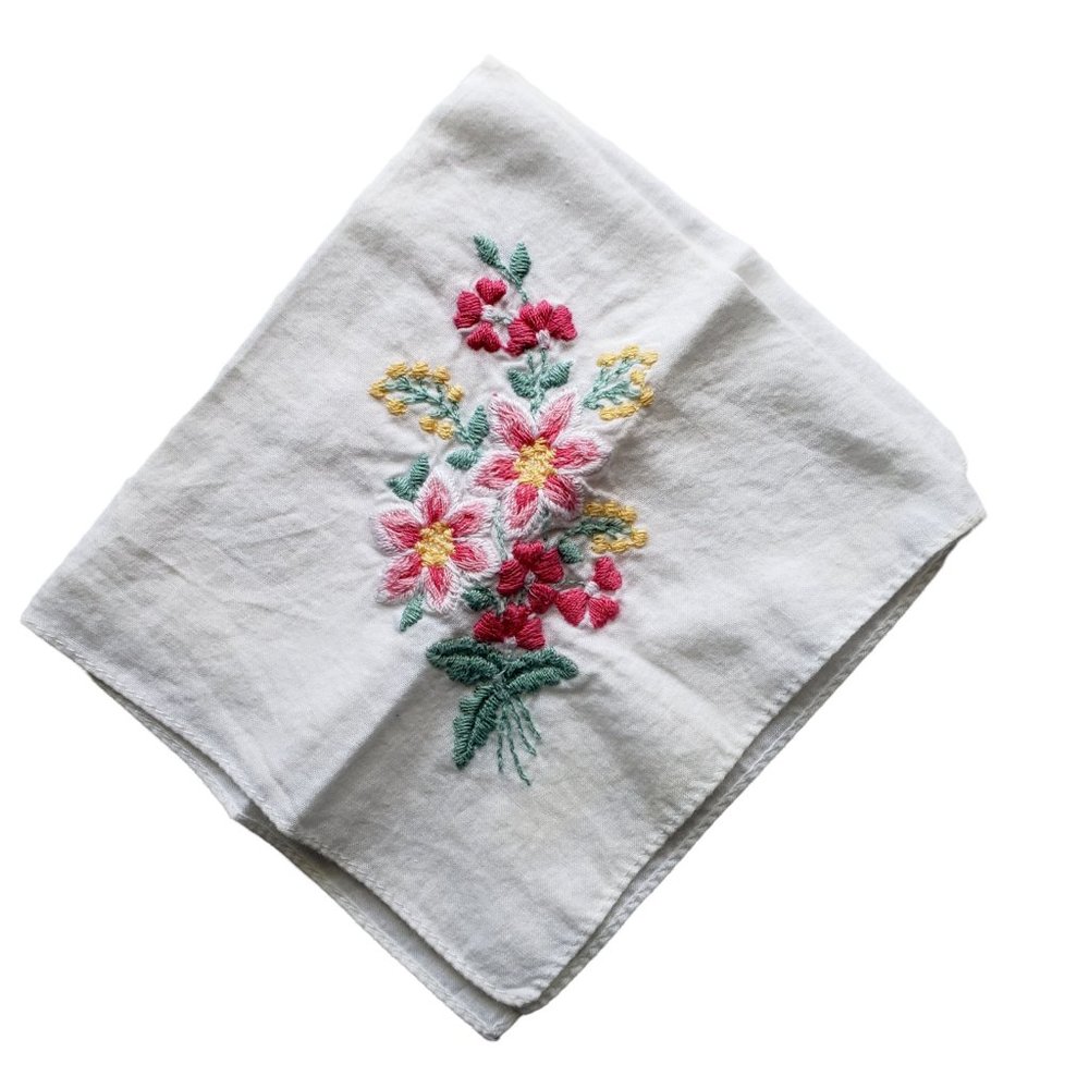 Vtg Ladies Handkerchief /Hankies Pink Yellow Embroidered Flowers White Cotton